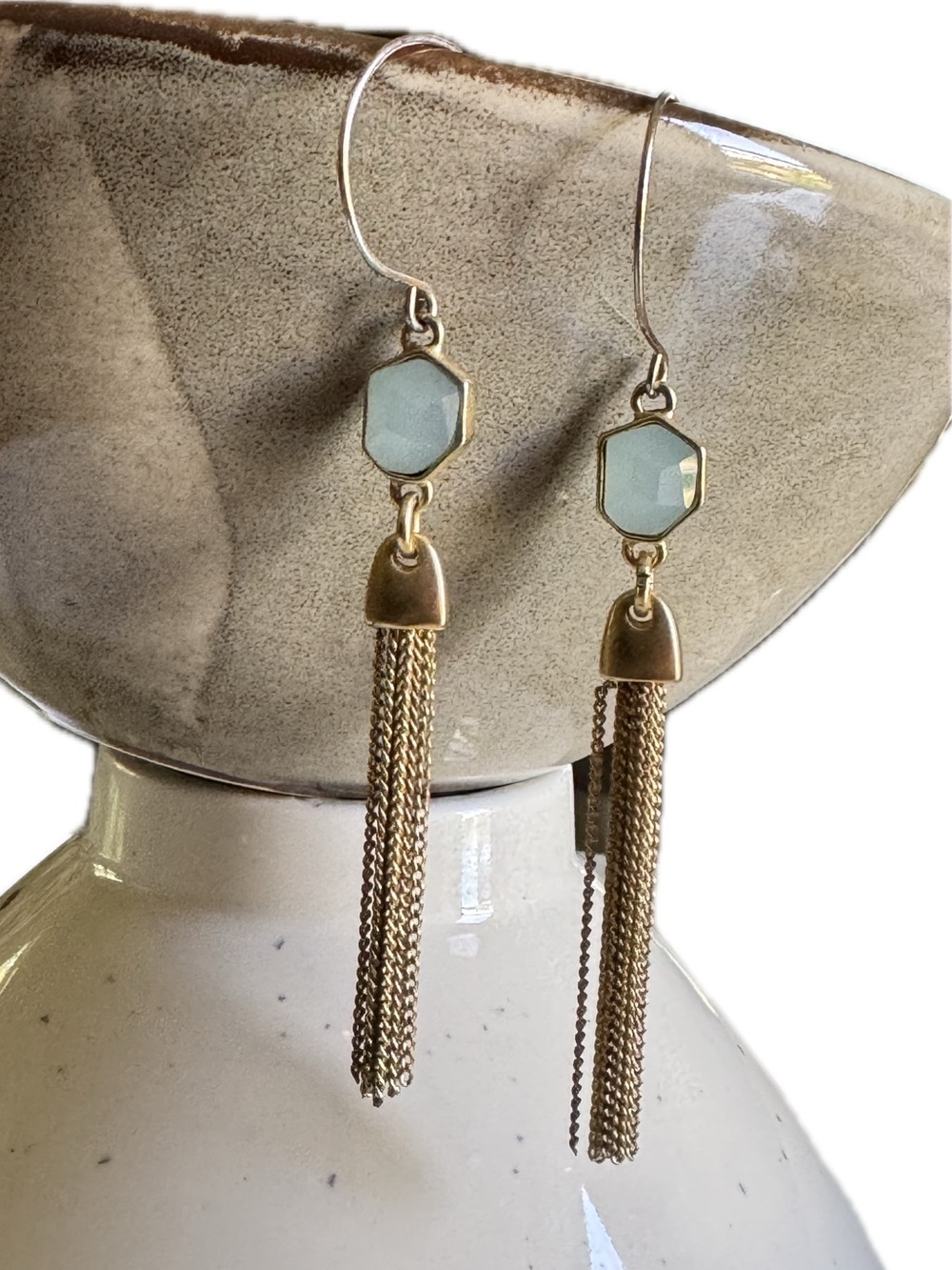Gold Tassel Drop Earrings Chalcedony with Light Blue Hexagon Accents - Picture 3 of 8